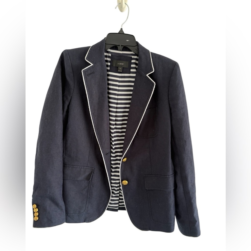 J. Crew Dark Blue linen Blazer with white piping and Gold button Accents - Picture 4 of 9